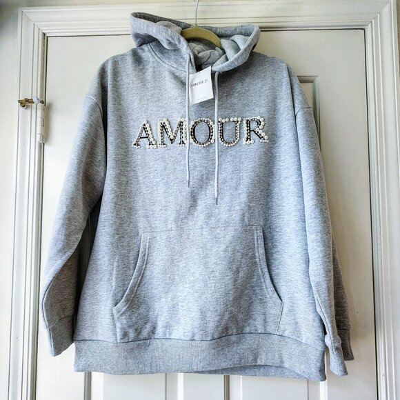 Forever 21 Amour Grey Hoodie Pearls Crystals Sz L Kangaroo Pocket Embellished - Picture 1 of 13
